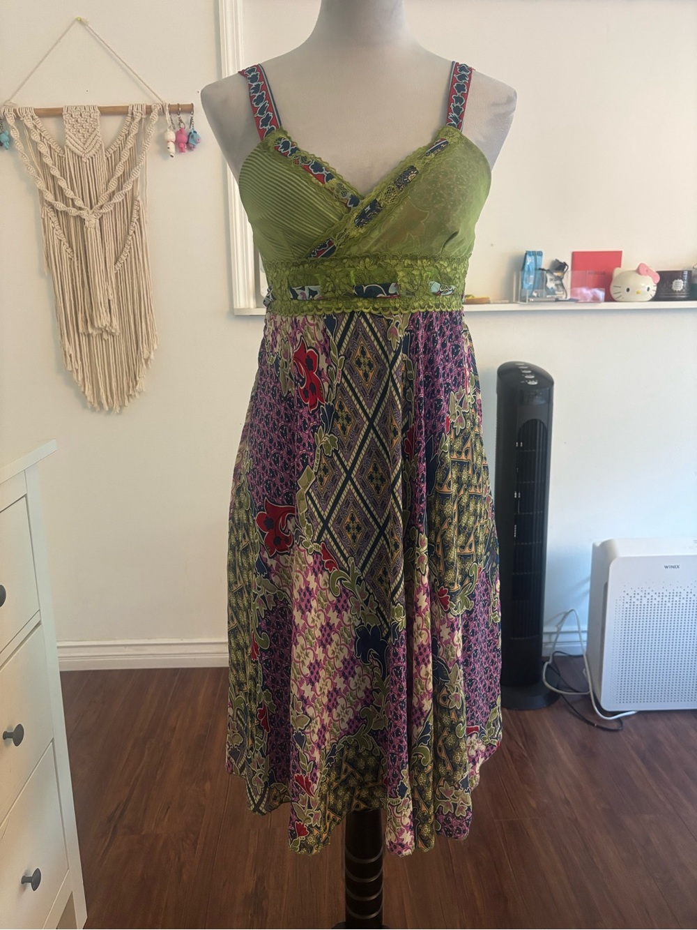Green & Purple Patterned V-Neck Sundress